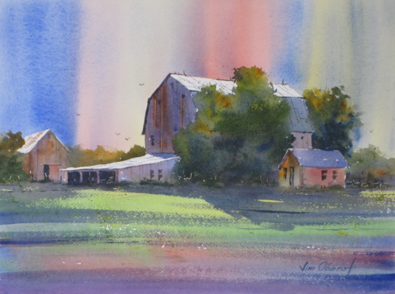 landscape barn color northern lights original watercolor painting oberst